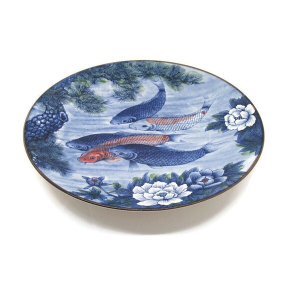 Sun Ceramics Koi Fish Round Platter 12.5" Blue Lotus Flower  Excellent - Picture 6 of 12